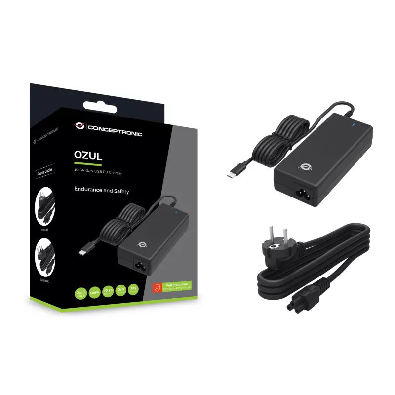 Conceptronic OZUL03BE 100W GaN desktopová USB-PD nabíjačka, univerzálna, interiér, 100–240 V, 50–60 Hz, 100 W, 5–20 V