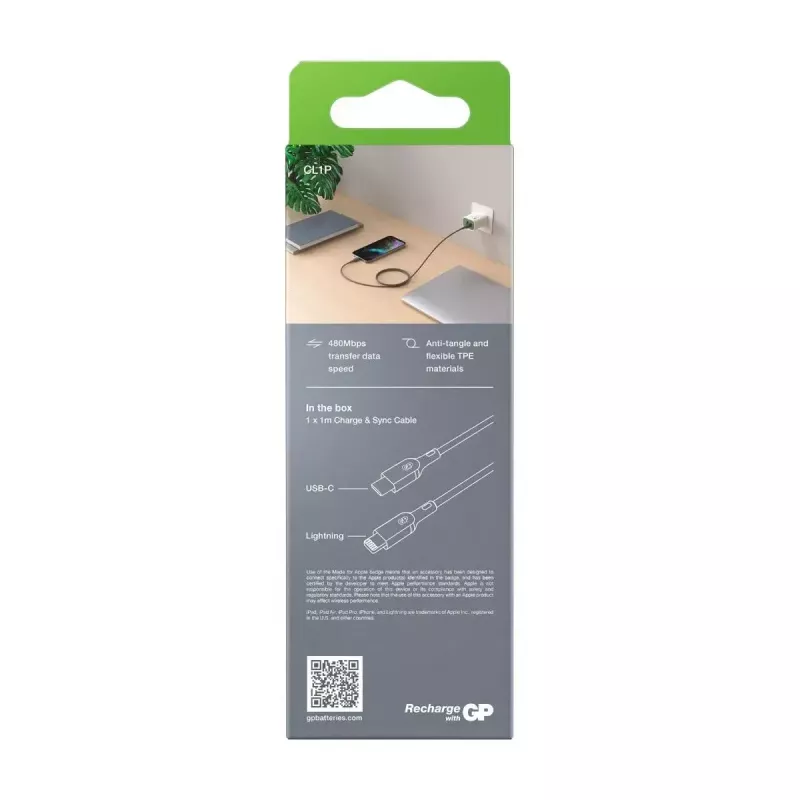 Kábel GP Batteries CL1P 1m sivý Lightning USB C