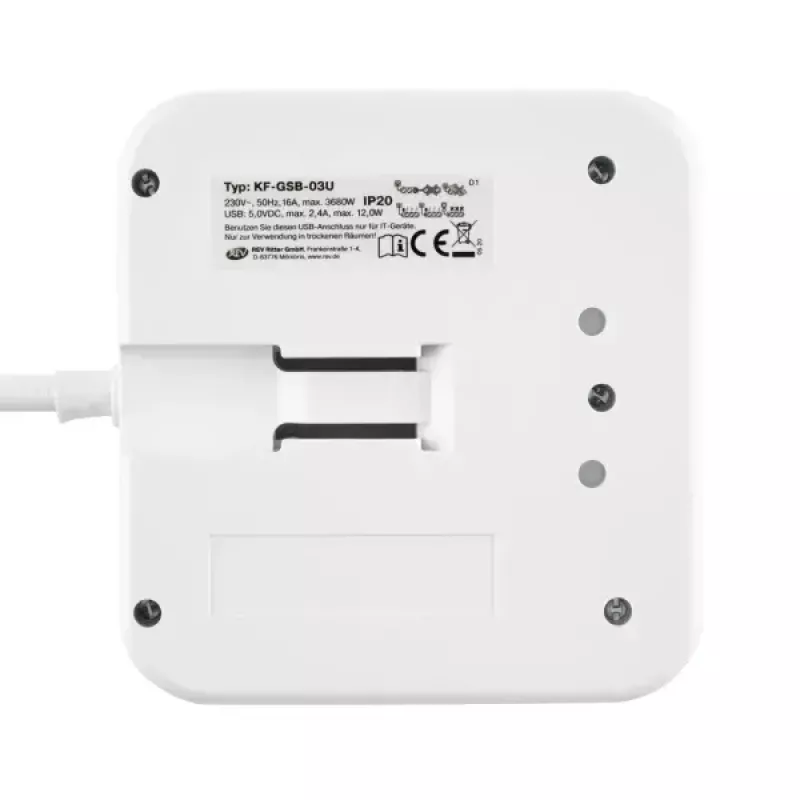 REV PowerQuad 0012378109 rozvodka, 3-násobná, 2x USB, bez vypínača, s uzemnením (Schuko), biela/čierna