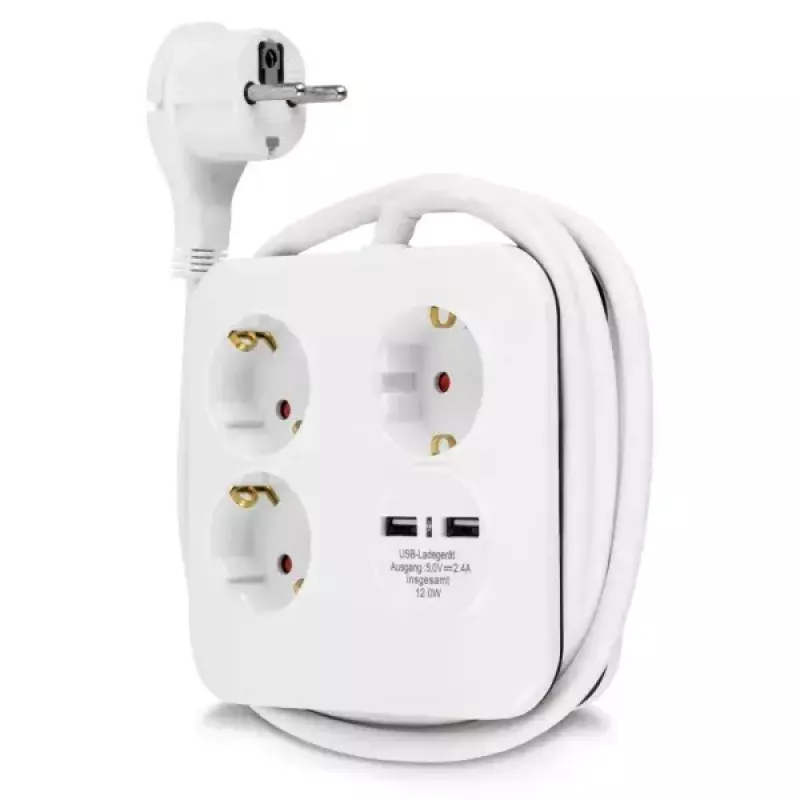 REV PowerQuad 0012378109 rozvodka, 3-násobná, 2x USB, bez vypínača, s uzemnením (Schuko), biela/čierna