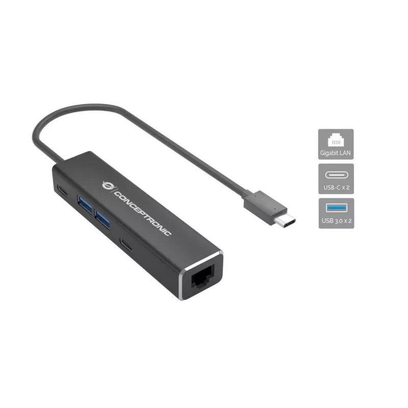 Conceptronic ABBY13B Gigabit Ethernet USB 3.2 Gen 1 adaptér s USB hubom, GbE, USB-A x 2, USB-C x 2