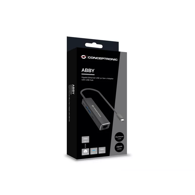 Conceptronic ABBY13B Gigabit Ethernet USB 3.2 Gen 1 adaptér s USB hubom, GbE, USB-A x 2, USB-C x 2