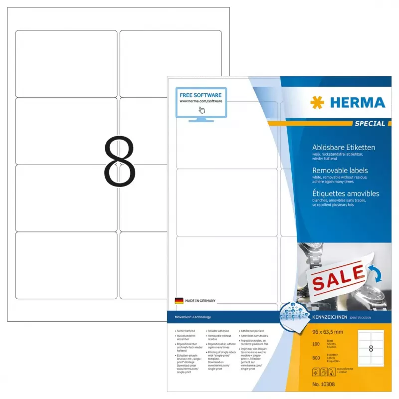 Odnímateľné etikety HERMA 10308 A4 96x63,5 mm biele