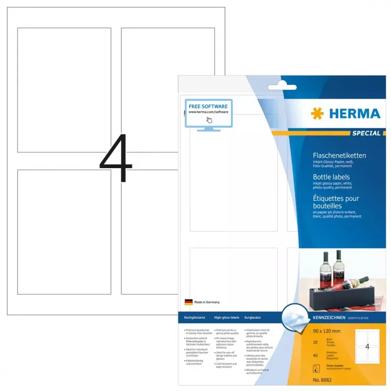 Samolepiace tlačové etikety HERMA etikety na fľaše A4 Inkjet 90x120 mm