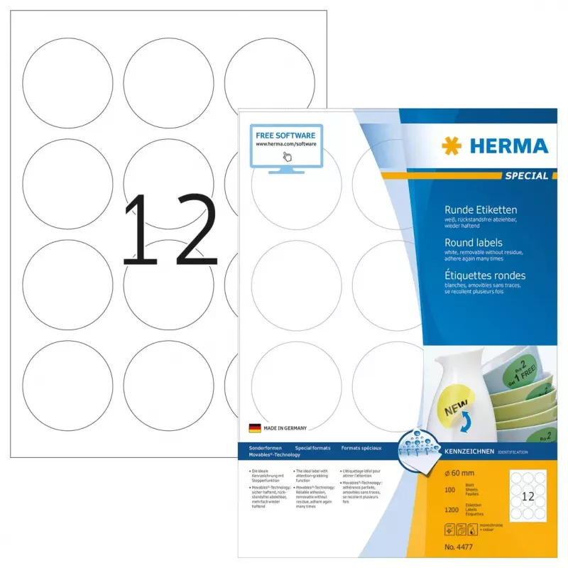 Samolepiaca etiketa do tlačiarne HERMA Odnímateľné etikety A4 Ø 60 mm
