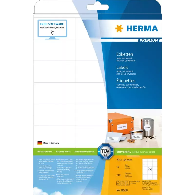 Samolepiace etikety HERMA 8638 obdĺžnikové permanentné biela