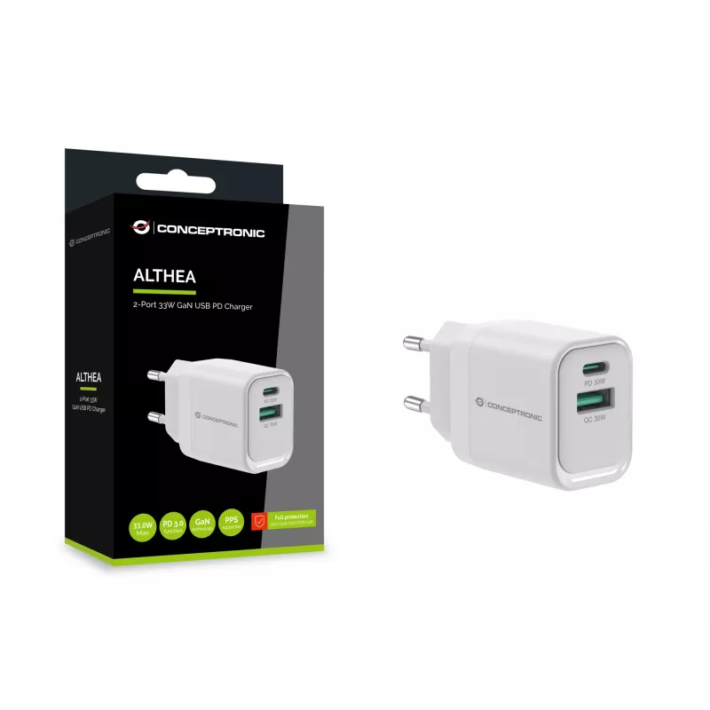 Conceptronic ALTHEA19W33 2-portová 33W GaN USB PD nabíjačka, USB-C x 1, USB-A x 1, QC 3.0, PPS, PD 3.0