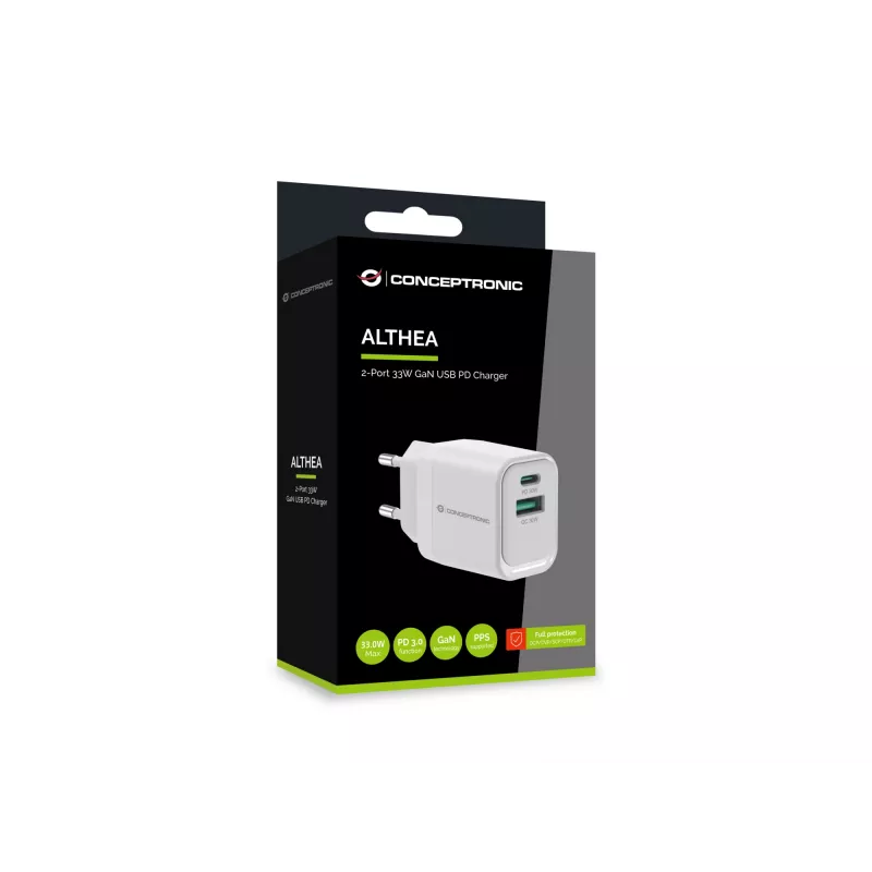 Conceptronic ALTHEA19W33 2-portová 33W GaN USB PD nabíjačka, USB-C x 1, USB-A x 1, QC 3.0, PPS, PD 3.0
