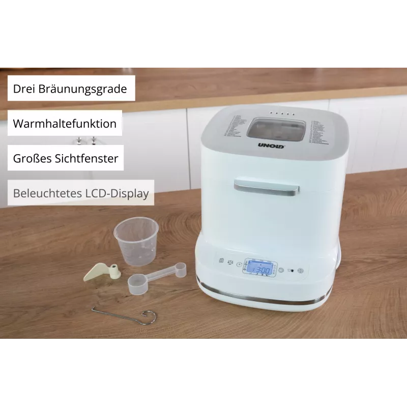 Automatický pekár na chlieb Unold Esge Backmeister Bernd 68120 — 550 W, max. hmotnosť chleba 1 kg, biela, plastové puzdro