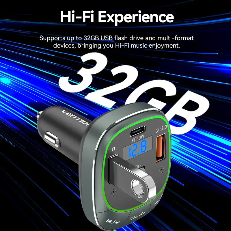 Auto nabíjačka Vention 3-port USB (USB-C + 2× USB-A) 30W/18W/5W čierna