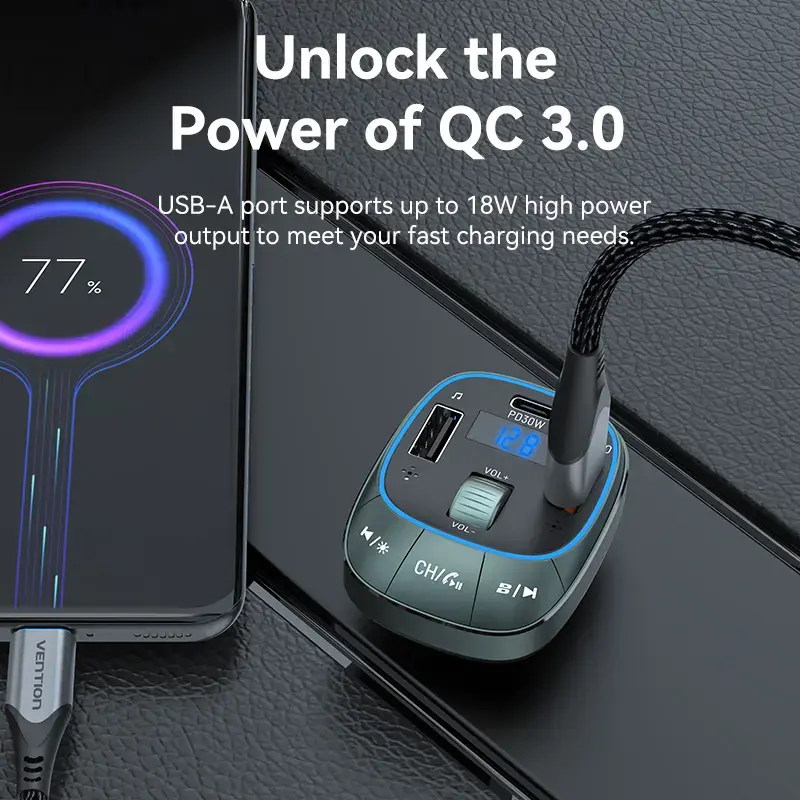 Auto nabíjačka Vention 3-port USB (USB-C + 2× USB-A) 30W/18W/5W čierna