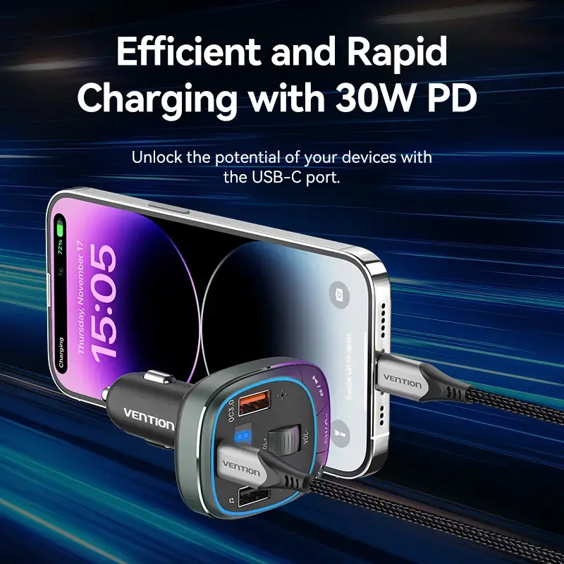 Auto nabíjačka Vention 3-port USB (USB-C + 2× USB-A) 30W/18W/5W čierna