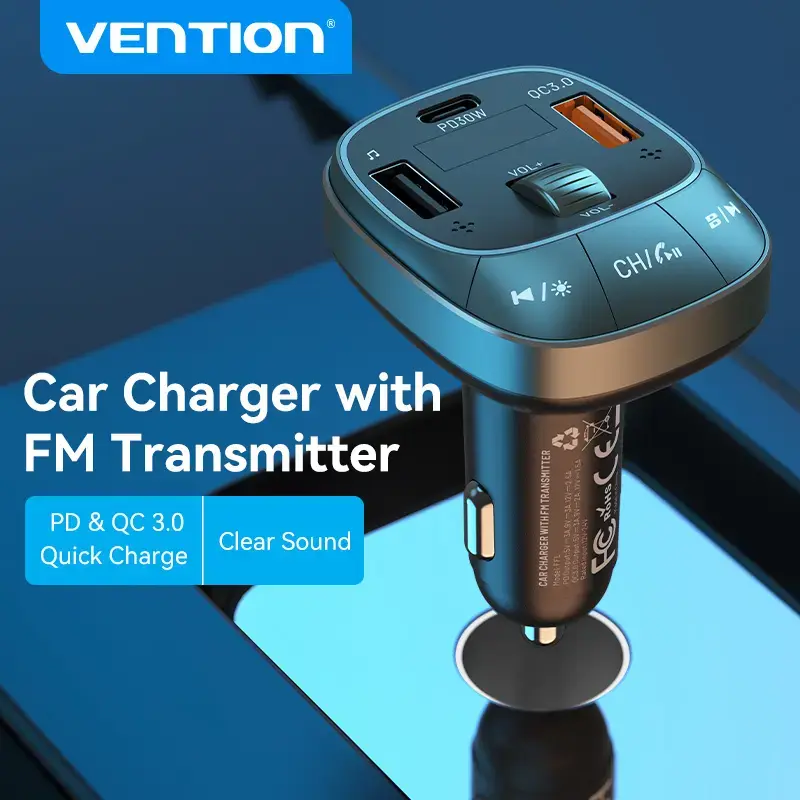 Auto nabíjačka Vention 3-port USB (USB-C + 2× USB-A) 30W/18W/5W čierna