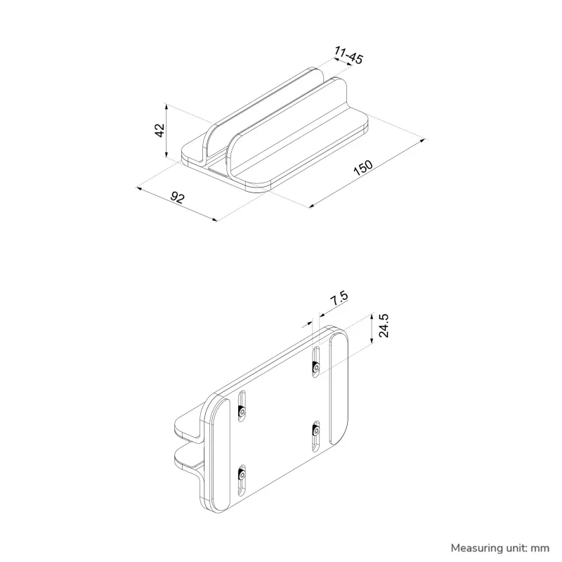 Neomounts NSLS300SILVER vertikálny stojan na notebook, 11–17 palcov, max. 5 kg, hliník, nastavenie výšky 42 mm, nastavenie šírky 150 mm, nastavenie hĺbky 92 mm, strieborný