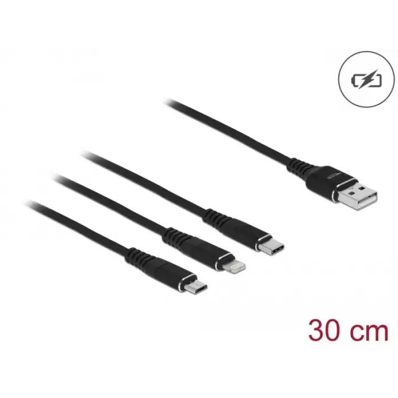 USB nabíjací kábel DeLOCK 3-in-1 Type-A na Lightning, Micro-USB, USB Type-C 30 cm čierny