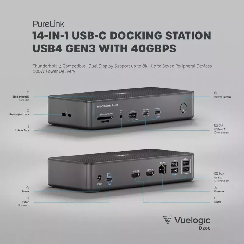 Laptop dock PureLink VL-D200 káblový sivá USB Power Delivery HDMI 2.0