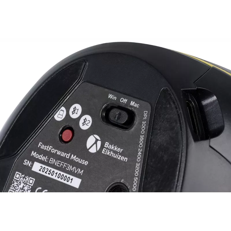 BakkerElkhuizen FastForward myš, pravácka, vertikálny dizajn, optická, RF Wireless + Bluetooth + USB Type-C, 500 DPI, sivá