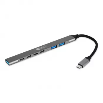 USB-C hub 7-in-1 BakkerElkhuizen BNECHUB3A4C — 7 konektorov (USB 3.2 Gen1 A, USB 3.2 Gen1 C, USB 2.0), hliníkové puzdro, sivá/čierna