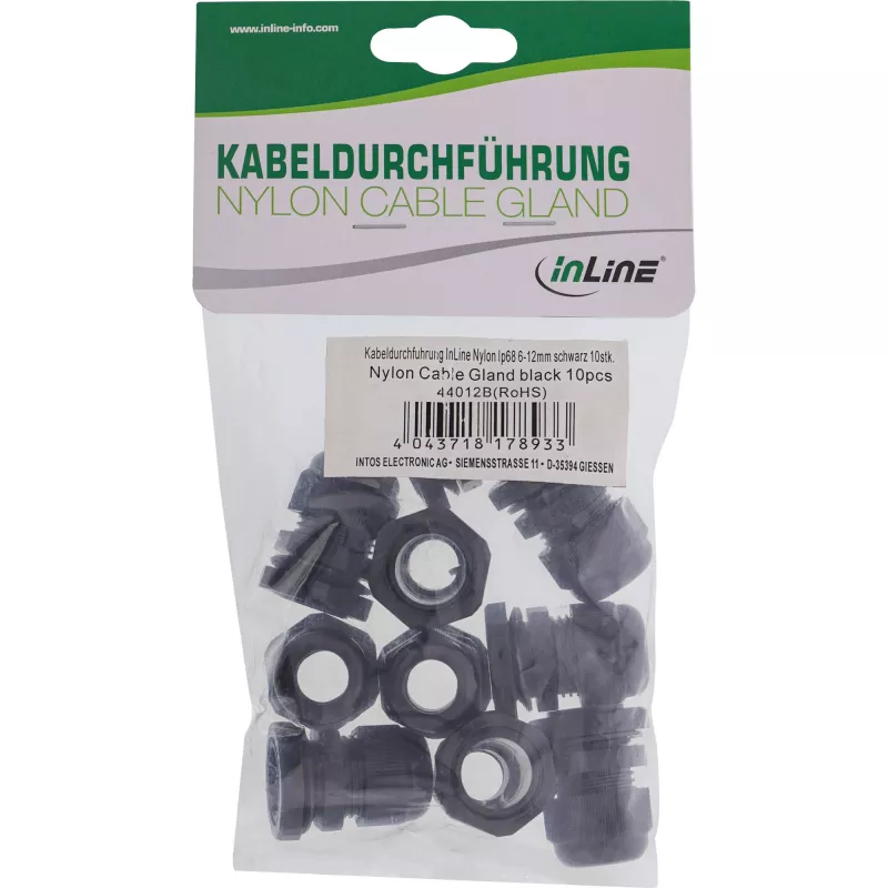 Káblová priechodka InLine 44012B nylon IP68 pre kábel Ø6–12 mm, čierna, balenie 10 ks