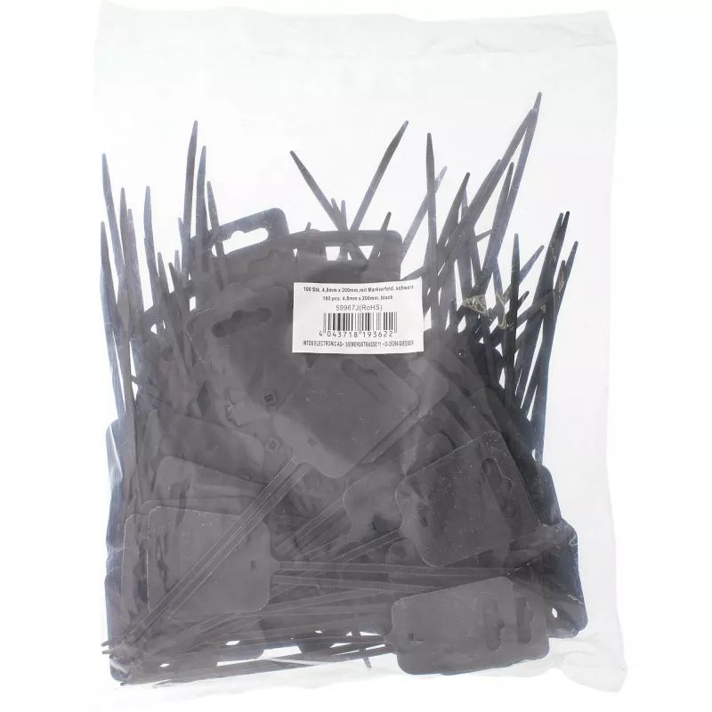 Káblové označovacie viazacie prvky InLine 200 mm x 5 mm, nylon, Eurohole, čierne, 100 ks