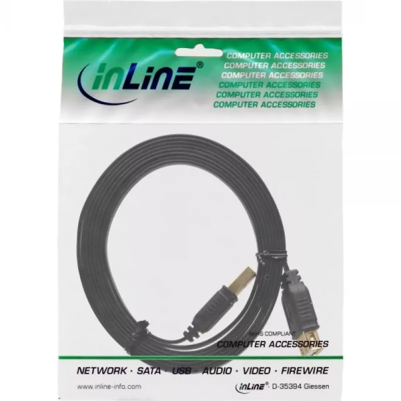 InLine USB 2.0 plochý kábel Type-A konektor samec / samica pozlátený čierny 5m