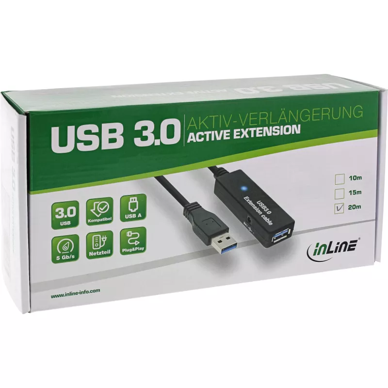 InLine USB3.2 Gen.1 aktívny opakovač kábel Type-A konektor samec / konektor samica, čierny, 20 m