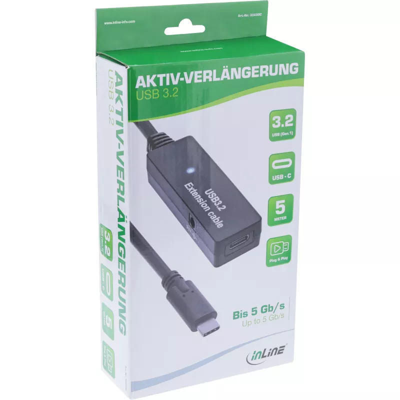 InLine USB 3.2 Gen.1 aktívne predlžovacie, USB-C konektor samec na USB-C konektor samica, 5m