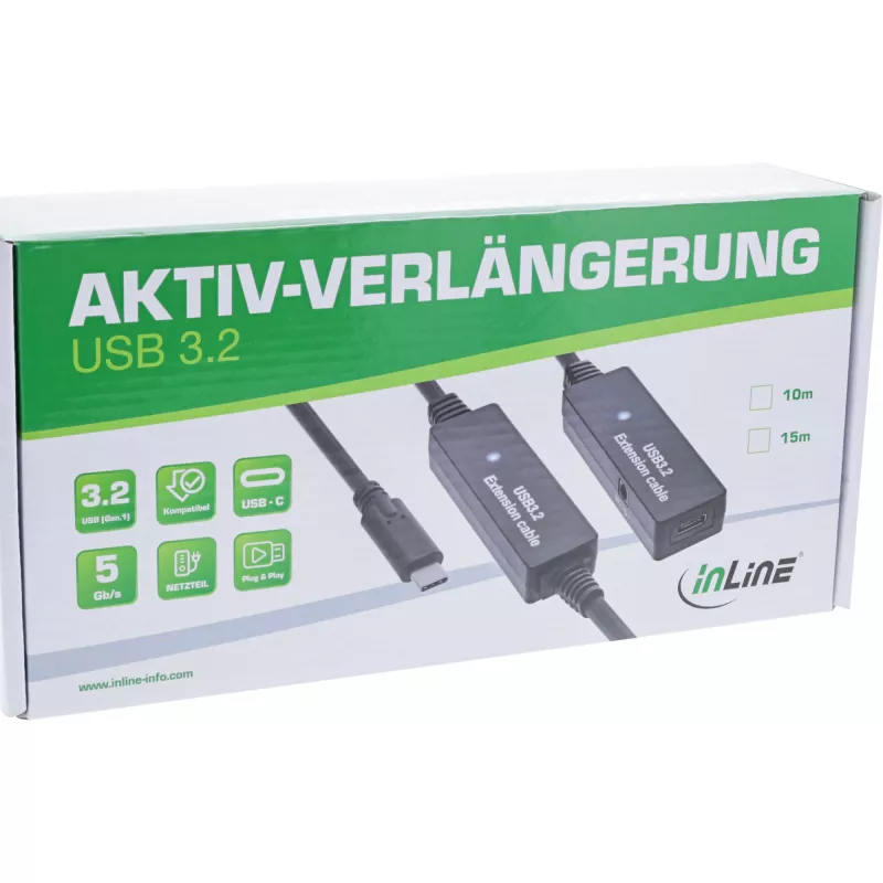 InLine USB 3.2 Gen.1 aktívne predlžovacie, USB-C konektor samec na USB-C konektor samica, 15 m