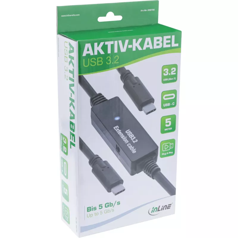 InLine USB 3.2 Gen.1 aktívny kábel, USB-C konektor samec na USB-C konektor samec, 5m
