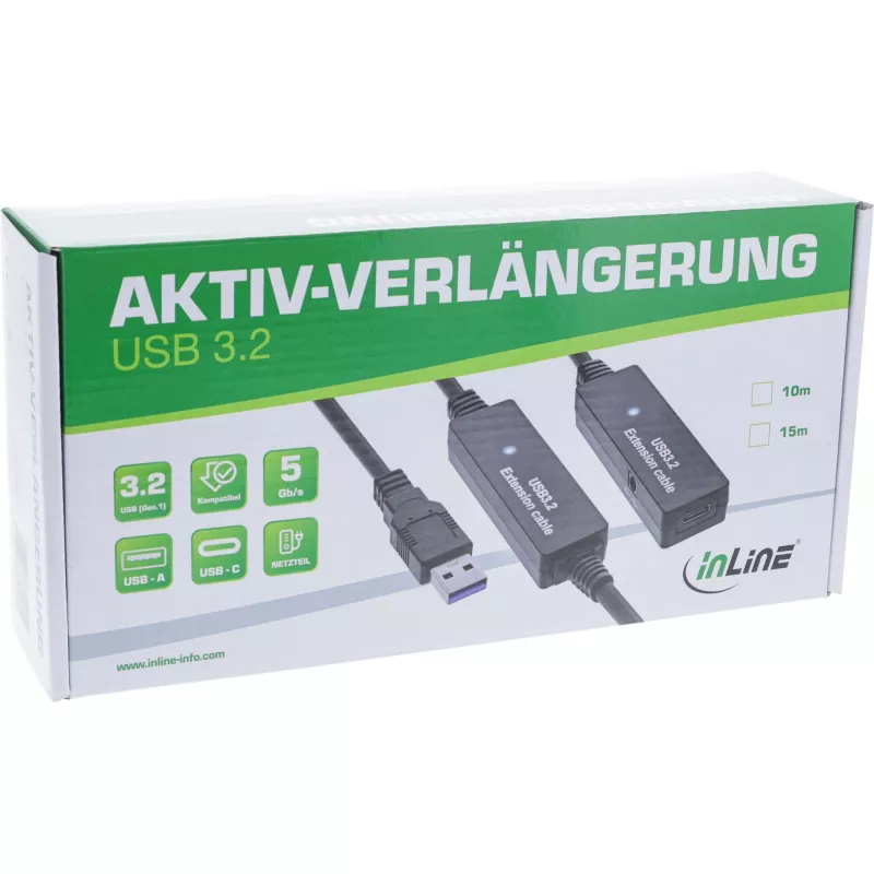 InLine USB 3.2 Gen.1 aktívne predlžovacie, USB-A konektor samec na USB-C konektor samica, 15m