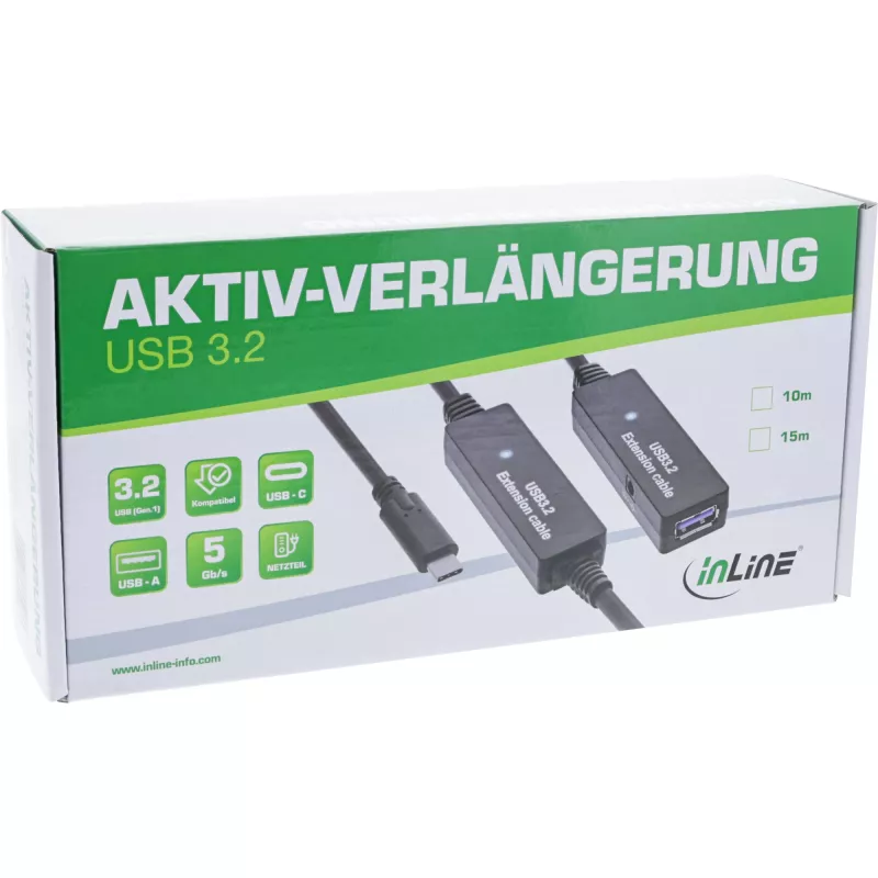 InLine USB 3.2 Gen.1 aktívne predlžovacie, USB-C konektor samec na USB-A konektor samica, 15 m