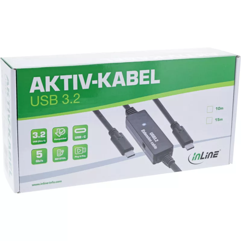 InLine USB 3.2 Gen.1 aktívny kábel, USB-C konektor samec na USB-C konektor samec, 15m