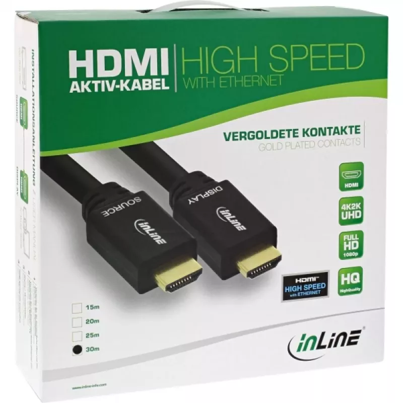 InLine , aktívny High Speed HDMI kábel s Ethernet, M/M, čierny, pozlátené kontakty, 30 m