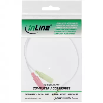 InLine audio headset adaptérový kábel 3,5 mm konektor samec 4-pol / 2x 3,5 mm, biely, 0,15 m