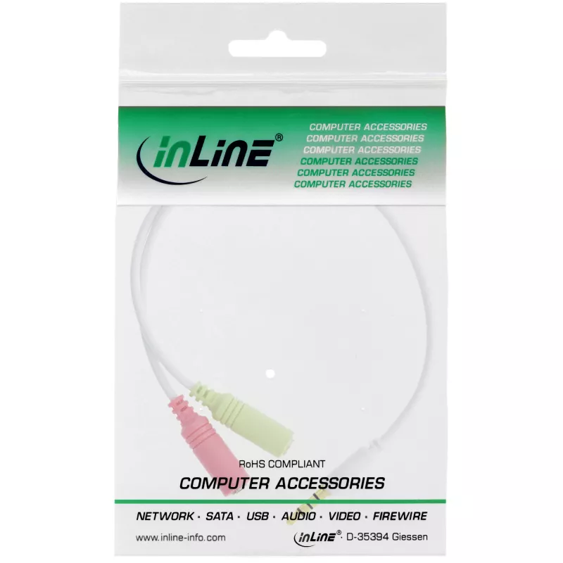 InLine audio headset adaptérový kábel 3,5 mm konektor samec 4-pol / 2x 3,5 mm, biely, 0,15 m