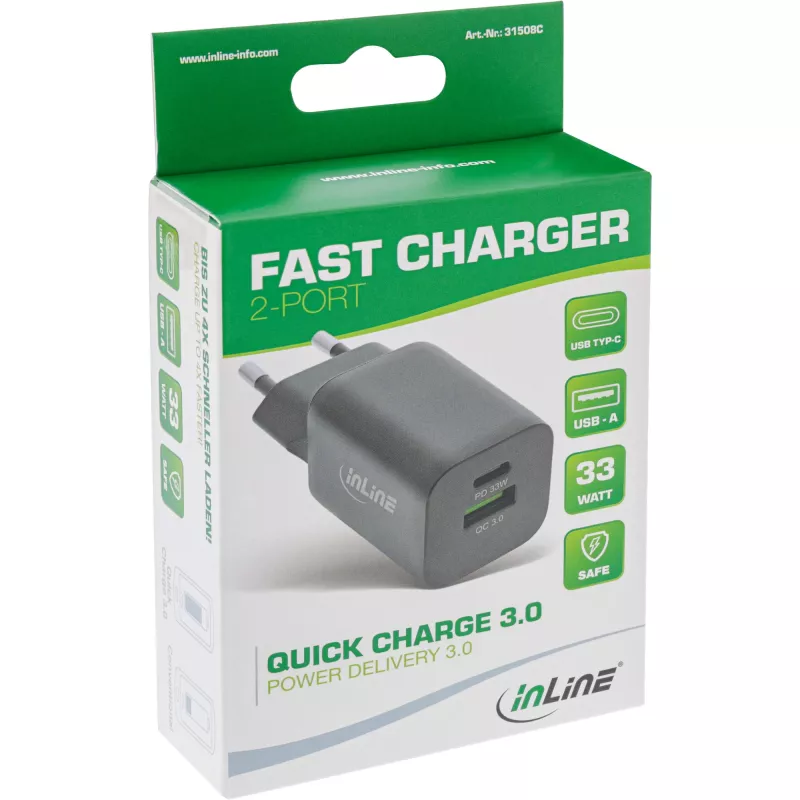 InLine USB napájací zdroj, nabíjačka, USB-A + USB Type-C, 33W, PD + QC