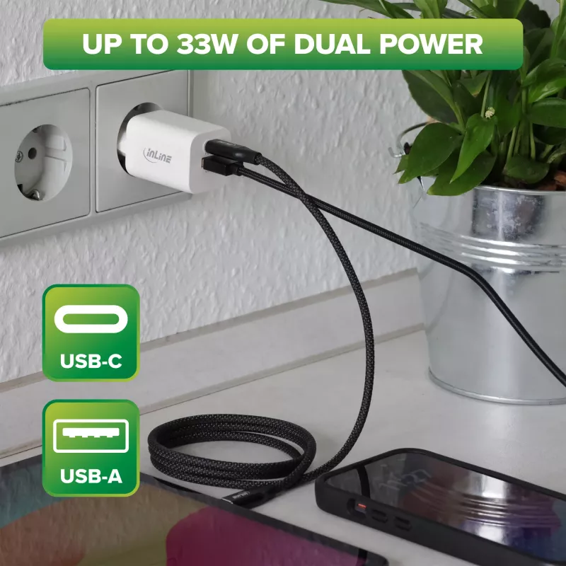InLine USB napájací zdroj, nabíjačka, USB-A + USB Type-C, 33W, PD + QC