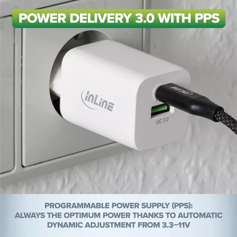 InLine USB napájací zdroj, nabíjačka, USB-A + USB Type-C, 33W, PD + QC