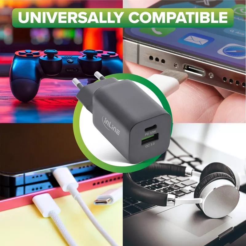 InLine USB napájací zdroj, nabíjačka, USB-A + USB Type-C, 33W, PD + QC