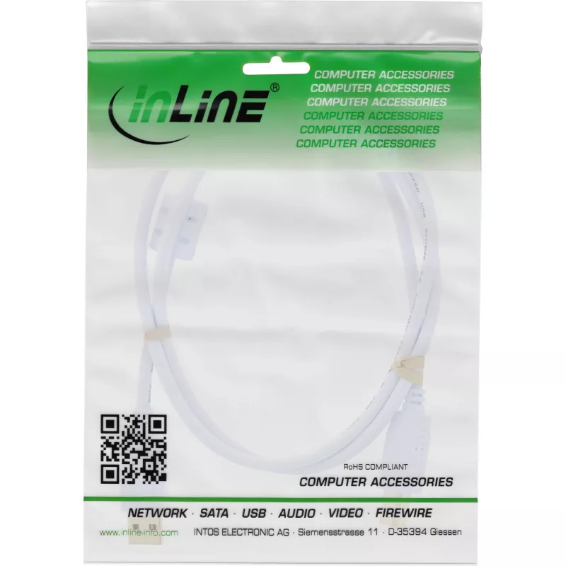 InLine USB 2.0 kábel Type-A konektor samec / B konektor samec, pozlátený, s feritom, biely, 0,5 m