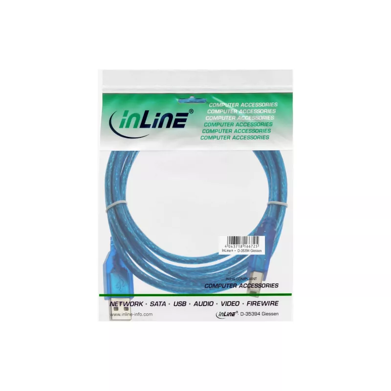 InLine USB 2.0 kábel Type-A konektor samec / Type-B modrý transparentný 3 m