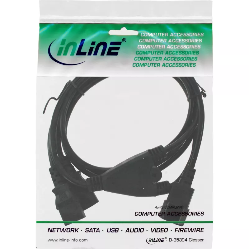 InLine napájací Y kábel ochranný kontaktný konektor samec 1x IEC-C14 na 2x IEC-C13 1,8 m