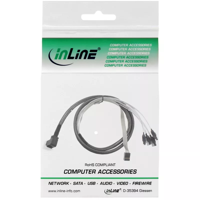 InLine Mini SAS HD kábel SFF-8643 zahnutý na 4x SATA + Sideband 0,5 m