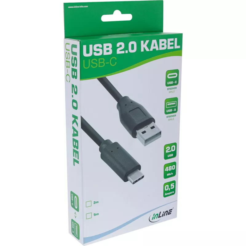 InLine USB 2.0 kábel, USB-C konektor samec / USB-A konektor samec, čierny, 5m