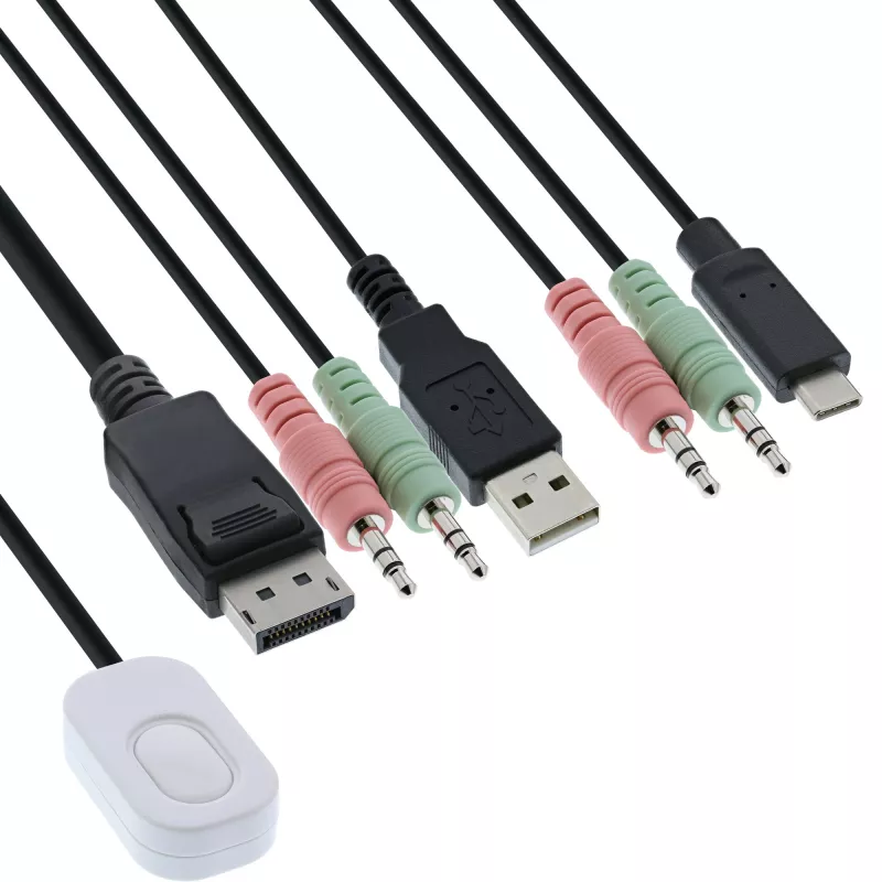InLine KVM switch, 2-portový, USB-C+DP na DisplayPort, 4K, audio, integr. kábel
