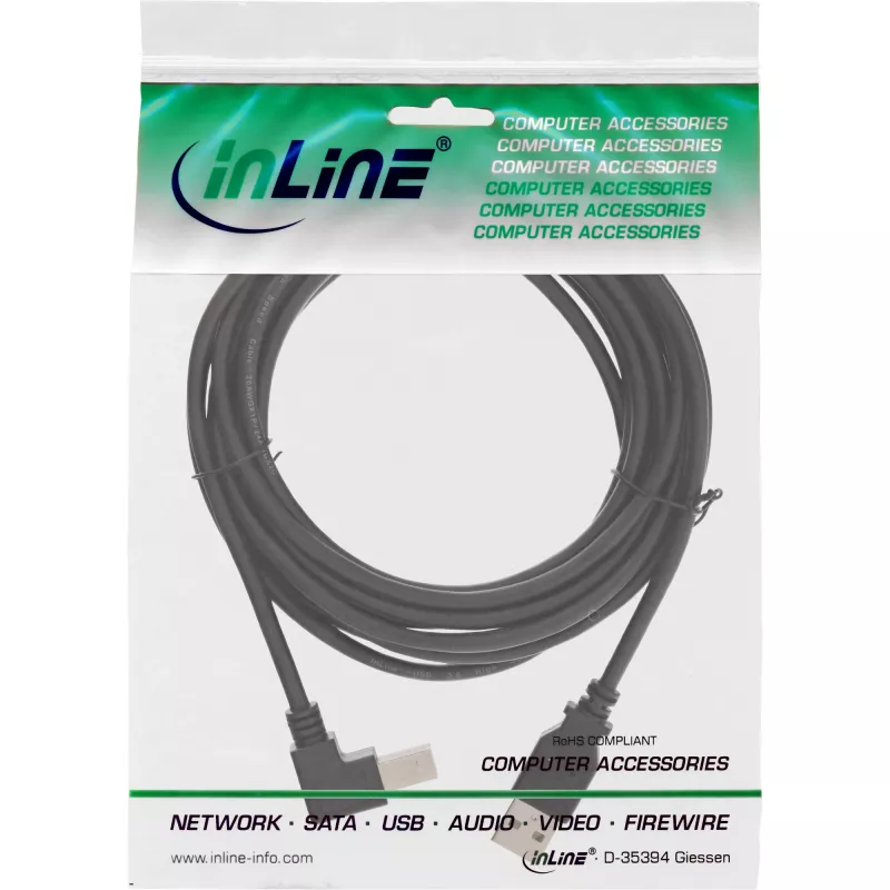 InLine USB 2.0 kábel zahnutý typ A samec / B samec, čierny, 0,3m
