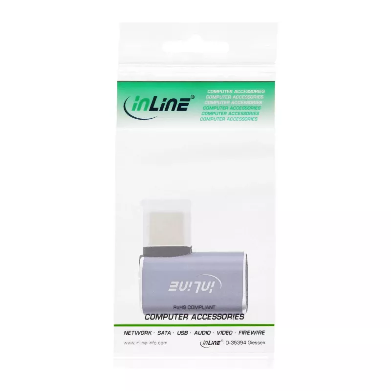 InLine USB4 adaptér, USB-C konektor samec/samica vpravo/vľavo zahnutý, hliník, sivý