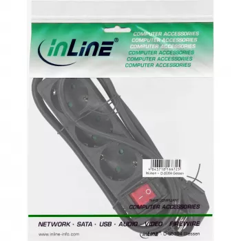 InLine predlžovacia zásuvka, 3-násobná ochranný kontakt CEE 7/3, s vypínačom, čierna, 3 m