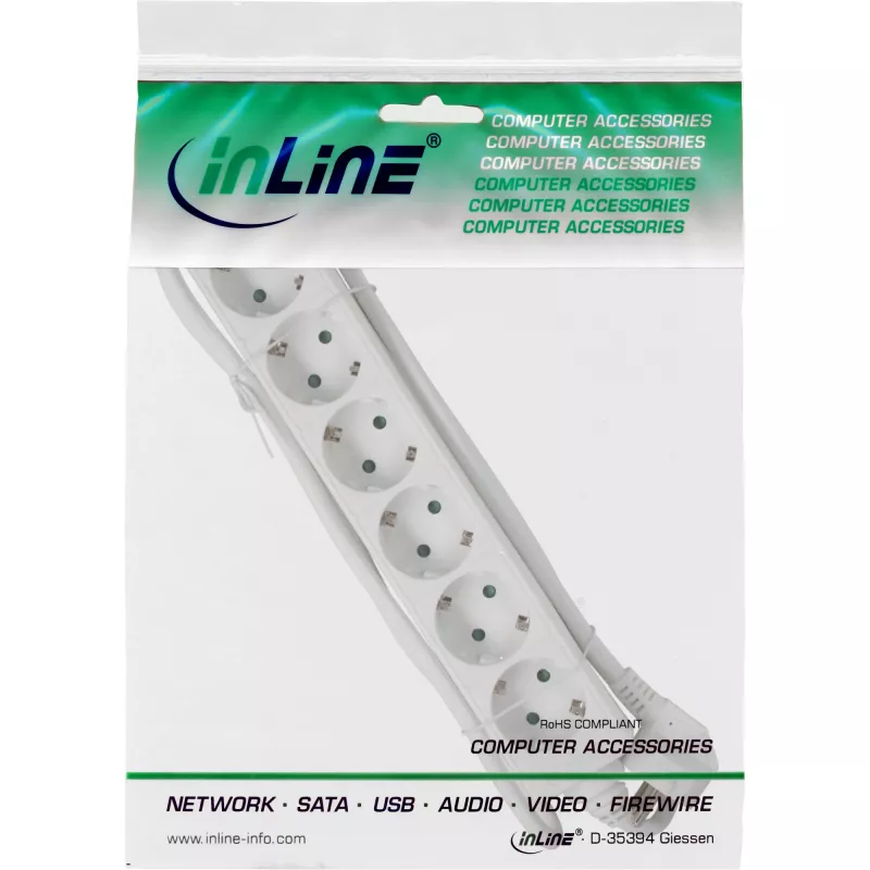 InLine predlžovacia zásuvka InLine 6-násobná ochranný kontakt CEE 7/3 biela 5 m