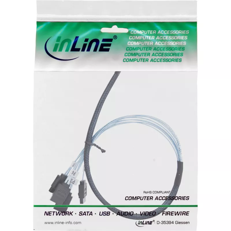 InLine tenký SAS kábel, SFF-8654 na 4x SATA 7-pin, 12 Gb/s, 0,5 m